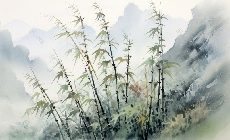 彩色水墨画春天夏天季节山川周围云雾弥漫和竹林竹叶竹子茁长生长文艺插画背景,插画/手绘图,插画/手绘图库,插画/手绘图下载,插画/手绘